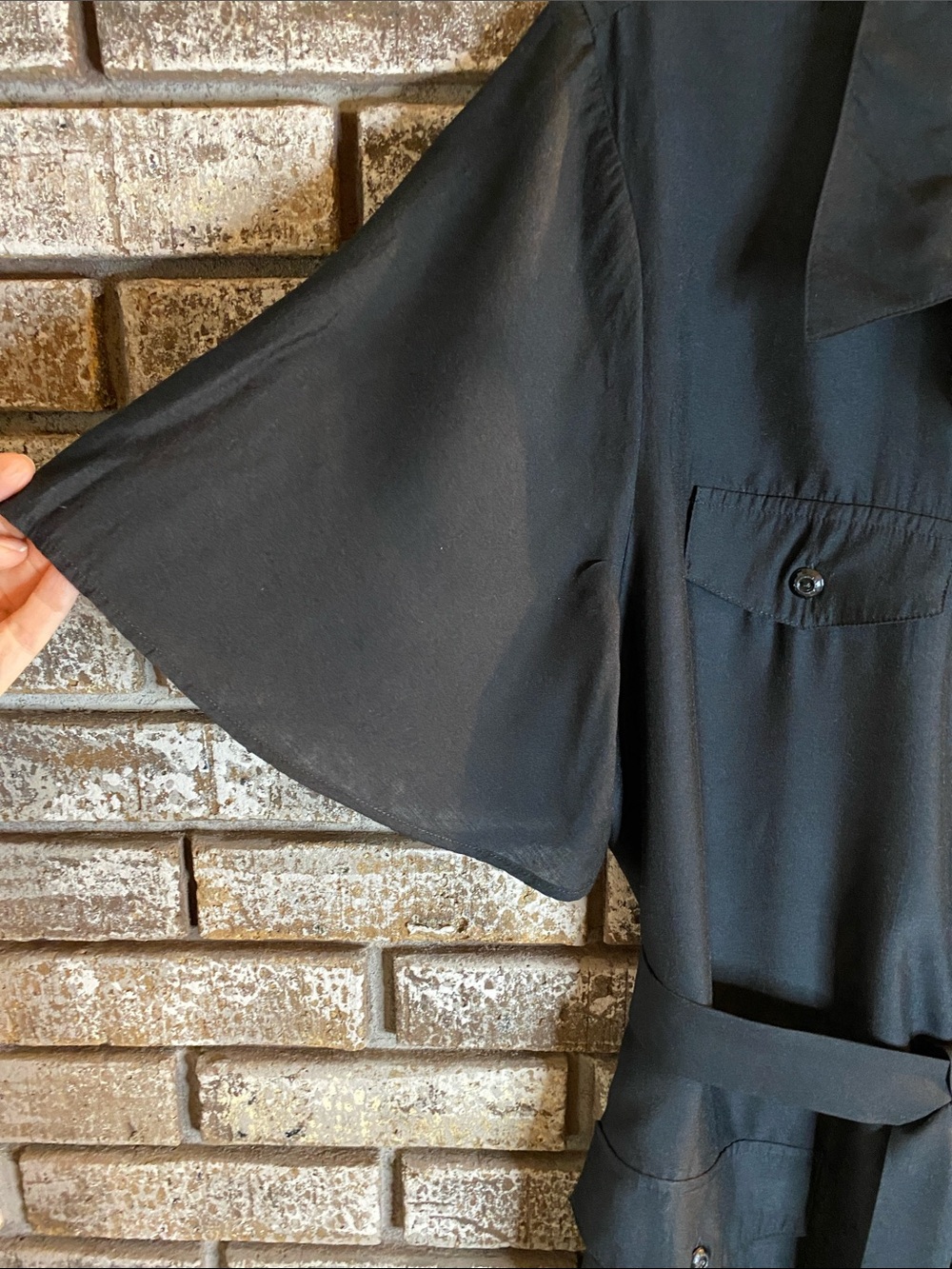 Saks Fifth Avenue Black Button-Front Midi Shirt Dress with Tie & Flutter Sleeve - Picture 4 of 11